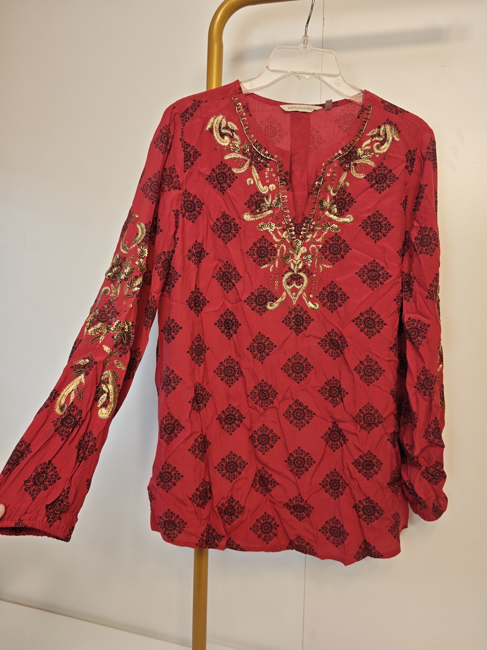 Soft Surroundings Boho Red Tunic with Goldwork Embroidery Long Sleeves Sz M